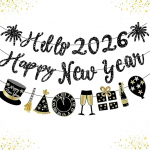 2026 Happy New Year Banner - must glitter uusaasta garland, s&auml;delevad p&uuml;hadekoratsioonid uue aasta partei jaoks 2026 NYE Party Supplies Decor (must)