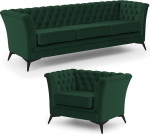 Set Diivan 3 Sitzer Sessel - 2 St&uuml;ck - Samt - Schwarze Metallf&uuml;&szlig;e - Freistehend - Whitby Flaschengr&uuml;n