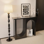 Moderner Konsolentisch mit geometrischem Sockel, schmaler, Langer Sofatisch aus Holz hinter dem Couchtisch f&uuml;r Wohnzimmer, Flur, Foyer, Stabiler Metallrahmen und einfache Montage (schwarz, 1