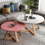 Rundes Couchtisch-Set - Beine aus Kiefernholz in Wei&szlig; und Rosa, einfache Montage, perfekt f&uuml;r Wohnzimmer, stilvolle Tafelaufsatz, 70 cm + 50 cm Gr&ouml;&szlig;en
