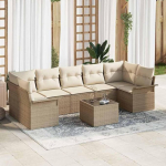 Modulares Terrassen-Sofa Set 8-teilig in Beige und Creme aus Poly-Rattan als Outdoor-Sofagarnitur mit Kissen