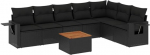 8-TLG. Schwarze Rattan-Garten-Sofagarnitur mit 55&times;55 cm Akazienholztisch, modulares Outdoor-Lounge-Set, robust, platzsparend f&uuml;r Balkon & Terrasse