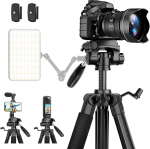 JOILCAN Camera Tripod 190 cm - Alumiiniumist mobiiltelefoni statiiv nutitelefonile, Canon Nikon DSLR - teisaldatava peaga portatiivne fotostatiiv, kerge statiiv koos mobiiltelefoni hoidjaga