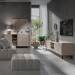 Living Room Set in Sand Beige Fine Structure Sideboard Chest of Drawers Wall Board Button Handle Gold Metal Feet Black