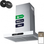 Ciarra Dynamic A+++ Extractor Hood 60 cm Recirculation CBCW6102 App SensorTouch Operation Extractor Hood 650 m&sup3;/h with Dimmable LED Lighting Wall Hood Stainless Steel Glass White