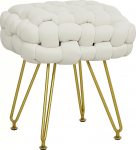 HOMCOM Square Footstool, Woven Footrest Ottoman with Metal Legs, Padded Makeup Stool, Velvet Dressing Table Seat for Bedroom, Cream White