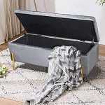BAKAJI Seat Footrest Storage Box Magamistoas pingi tool puidust raam kangas samet avatud polsterdatud kuldsed jalad (Hall)