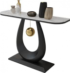 Eleganter Konsolentisch in Schwarz und Wei&szlig;, Rockboard-Platte und Eisengestell, schmaler Eingangstisch mit abgerundeten Kanten, geschwungenen Seiten und goldenen Akzenten f&uuml;r Foyer oder Flur
