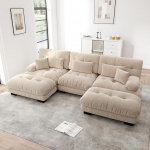 Diivan Dreiersofa mit 2 Ottomans, U-f&ouml;rmiges Cloud Couch f&uuml;r Wohnzimmer, Wohnung, B&uuml;ro, Flexible Kombination, 3 Lendenkissen + 2 Dekokissen, Chenille, Set F (Hellbraun, 3 Sitzer + 2 Hocker)