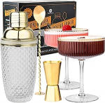 Vemacity kokteilikomplekt - klaasist kokteilisegisti (500 ml) + 2 kuldse &auml;&auml;rega espressomartiiniklaasi, baarilusikas ja žigger | baarmenikomplekt | kokteiliklaasid + kokteilisegisti | ideaalne kingituseks