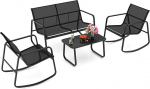 GOPLUS OQ22640ELFR 4-Piece Bistro Set with Seesaw, Garden Furniture Set with Sofa, 2 Rocking Chairs & Glass Coffee Table for Porch Balcony