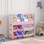 [en.casa] R&oslash;d&oslash;y Children's Bookcase with 6 Boxes, Toy Shelf, 78 x 86 x 27 cm, Toy Storage, Unicorn Motif
