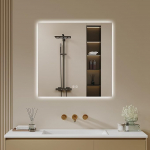 LED Vannitoa peegel &uuml;mmargune, puutetundliku l&uuml;litiga, timmitav, 3 valgusv&auml;rvi reguleeritav, uduvastane, seinale paigaldatav, valgustatud vannitoa peegel (uduvastane + 3 valgusv&auml;rvi, 50 x 50 cm)