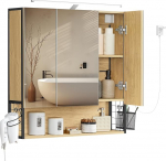 VASAGLE Vannitoa peegelkapp koos valgustusega, 14,5 x 70 x 70 cm, pistik, rippuv korpus, f&ouml;&ouml;ni hoidja, peegelkapp, vannitoa kapp, seinakapp, vannitoa jaoks, naturaalne tammepuust BBK124Y01