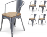 KOSMI - Lot de 4 chaises en m&eacute;tal grey argent&eacute; style industriel with assise en bois clair - Avec accoudoirs