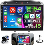 Hikity 2G + 64G Android 13 autoraadio Peugeot 308/408 2007-2015 9-tollise puuteekraaniga, 2 DIN stereo traadita Carplay, Android Car, raadio FM/RDS, BT, GPS, WiFi + tagurduskaamera +