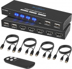 Suceem KVM Switch HDMI 4K@60Hz 4 arvutile 1 monitor, KVM l&uuml;litid 4 port PC Share Monitor USB 2.0 klaviatuur hiir, kaugjuhtimispult ja 4 KVM kaablit ja lauaarvuti kontroller kaasaarvatud