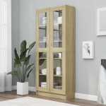 Festnight Display Cabinet Bookcase with Glass Doors Filing Cabinet Glass Door Glass Display Cabinet Tall Cabinet Standing Display Cabinet Sonoma Oak 82.5 x 30.5 x 185.5 cm Wood Material