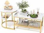 Luminarix 2 kohvilaudade komplekt, &uuml;mmargused ja ristk&uuml;likukujulised k&uuml;ljelauad hoiuruumiga, marmorist v&auml;limus, metallist raam, elutoa laud, pesitsuslauad, diivanilaud, kohvilaud, valge ja kuldne v&auml;rvus