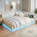 Polsterdatud voodi diivanvoodi 140 x 200 cm, nurgavoodi diivanvoodi LED ja USB-ga, L-kujuline p&auml;evavoodi diivanvoodi lamelliraamiga, lastevoodi noortevoodi p&auml;evavoodi kaheinimesevoodi, Teddy sametist kangas