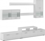 Comfort Home Innovation - moodsate LED-valgustitega elutoa komplekt, mis on viimistletud valge mati v&auml;rvi ja valge l&auml;ikiva lakiga. Valgustatud riiulid. M&otilde;&otilde;dud: 250x194x42 cm s&uuml;gavus