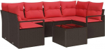vidaXL Diivan Set mit Kissen 7 tk Braun und Rot Poly Rattan, Garten- und Terrassenm&ouml;bel, modern, stabiilne, kerge, UV-best&auml;ndig, Sofa-Set f&uuml;r drau&szlig;en