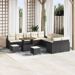 Modulares Terrassen-Set Schwarz, Gartensofa-Set 13-teilig mit Kissen und Stauraum als Outdoor-Sofa-Gruppe, Poly Rattan Gartenm&ouml;bel-Set mit 4 Armsofa, 6 Zweisitzern, 2 Hockern, 1