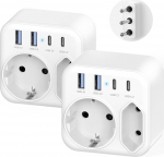 2 Pack reisiadapter Itaalia pistikupesa 4 USB (2 Type-C) ja 2 AC pistikupesa, 6-in-1 pistikupesa adapter Itaalia adapter t&uuml;&uuml;p L S&uuml;&uuml;ria, Uruguay, T&scaron;iili, Maldiividele