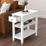 ChooChoo Side Table Living Room Slim Side Table with Drawer and Shelf 3 Tier Sofa Side Table for Small Spaces White
