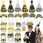 HOWAF aastavahetuse dekoratsioon 2026 must kuld, Glitter peom&uuml;tsid aastavahetuse m&uuml;tsid, Happy New Year Headband, Happy New Year prillid 2026, Tr&uuml;kid aastavahetuse aksessuaarid, Happy New Year dekoratsioon 2026