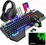 Juhtmevaba m&auml;nguklaviatuur, hiir ja peakomplekt, 4 in 1.16 RGB taustavalgustusega laetav klaviatuur randmetoega, 7 m&auml;nguhiire taustavalgustusega ja RGB Bluetooth-k&otilde;rvaklapid