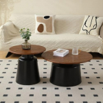 Mid-Century Modern Round Coffee Tables Set of 2 - Walnut Wood Grain - Stylish Living Room and Dining Room Decor - Light Wood + Black - Essential Home Furniture