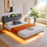 140 x 200 cm h&otilde;ljuv voodiraam LED tuledega ja USB laadimisjaamaga, metallist platvormvoodiraam pehmendusega peatoe hoiuga, rasked metallliistud, m&uuml;ravaba/tumehall