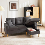 L-kujuline kaasaegne diivan, 3-kohaline diivan koos Chaise Longue'ga, panipaik, integreeritud tassihoidja, kaasas 2 padjaga, sobib elutuppa, kontorisse, koju jne (tumehall).