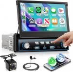 VECHTEL Autoradio 1 Din Carplay Android Auto Wireless mit 7 Zoll Manuell ausziehbarer Bildschirm mit Klaviertasten,Radio FM mit Bluetooth GPS/NAV,2USB/Type-C mit R&uuml;ckfahrkamera,Doppelkn&ouml;pfe