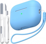 &Uuml;hildub AirPods Pro 2. p&otilde;lvkonna &uuml;mbrisega, kukkumisvastane pehme silikoonist l&ouml;&ouml;giabsorptsioon, mis &uuml;hildub AirPods Pro &uuml;mbrisega Skin Touch koos v&otilde;tmehoidja ja puhastuskomplektiga, helesinine