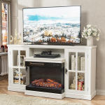 JUMMICO Kamin TV-jalg kuni 165cm telerite jaoks, 3-k&uuml;lgne klaasist meediakeskuse konsoollaud koos kabiini hoiuga, reguleeritava leegiga, LED-v&auml;rviga elutuppa, kahjustatud valge v&auml;rviga