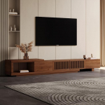 OLEYLUCKLIVE Mid-Century Modern TV Cabinet for 80+ Inch TV, Extendable TV Lowboard with Storage Space (198 cm to 262 cm), Home Entertainment Centre in Walnut for Living Room, Bedroom