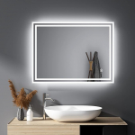 HY-RWML Bathroom Mirror 70 x 50 cm Bathroom Mirror with Lighting Touch Switch 3 Light Colours Rectangular Wall Mirror Warm White Cool White 6500 K Energy Class A++ for Bathroom Living Room