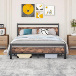 BORPHOM voodiraam 160 x 200 cm metallist puidust voodiraam lamelliraamiga, k&uuml;lalisvoodi noortevoodi kaheinimesevoodi 160 x 200 cm peaplaadiga, metallist voodi pruun ja must