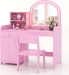 LIFEZEAL 2-in-1 riietuslauakomplekt lastele, laste riietuslaud LED-peegli ja tugitooliga, puidust riietuslaud sahtli ja riiuliga, kosmeetikalaudade komplekt t&uuml;drukutele alates 3-aastastest (roosa)