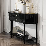 Halbmondf&ouml;rmiger Konsolentisch aus Massivholz, 2 Schubladen mit Ablagefach, klassischer Beistelltisch f&uuml;r Flur, Wohnzimmer oder Eingangsbereich, Schwarz/Wei&szlig;(90 * 30 * 95cm)