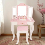 WOODENFUN Pink Kids Princess Dressing Table with Triple Folding Mirror Stool Drawer Makeup Set Star Pattern Multifunctional Wooden Dressing Table for Children's Birth Gift