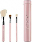 Sigma Beauty Travel Essential Trio - meigipintslite komplekt jumestuseks, puuderiks, silmatooniks - 3 pintslit koos hoiupurgiga - nahas&otilde;bralikud vegan meigipintslid reisimiseks - heleroosa v&auml;rviga