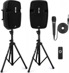 Pyle traadita kaasaskantav PA-k&otilde;larite s&uuml;steem - 700W v&otilde;imsusega k&otilde;rge v&otilde;imsusega Bluetooth-&uuml;hilduv aktiivne + passiivne paar v&auml;ljas helik&otilde;larid koos USB SD MP3 AUX-ga - 35mm kinnitus, 2 statiivi, mikrofon, kaugjuhtimispult - Pyle PPHP849KT