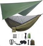 Camping Hammock Set, Single Double Hammock, Mosquito Net, Insect Net, Rain Fly, High Strength Parachute Fabric Hanging Bed, Suitable for Outdoor, Hiking, Camping, Travel (Army Green)