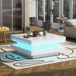 BTM Ruudukujuline valge kohvilaud - moodne tehnoloogiline stiil Bluetooth LED ribaga 70 x 70 x 36 cm Maksimaalne koormus 45 kg