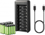 Amazon Basics 8 x AAA aku NiMh 800mAh + 8 x AA 2000mAh laetav akupakett koos akulaadijaga, millel on ruumi 8 aku jaoks, vahelduvvooluadapterit ei ole, USB-C port (must)