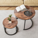 HOJINLINERO Runder Couchtisch, 2er-Set, f&uuml;r Wohnzimmer, schwarz, kleiner Couchtisch, Wohnzimmertisch, Nisttische, Metallrahmen/Holz, stabil, einfache Montage, stapelbare Beistelltische, Schlafzimmer