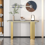 Generisch Schmaler, rustikaler Konsolentisch aus Marmor mit runden Metallbeinen, stilvoller Eingangstisch f&uuml;r Wohnzimmer und Diele, 120 cm breite, goldene Ablagefl&auml;che